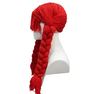 Red yarn braided wig for funny party costume headgear displayed from side profile view