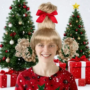Synthetic Fiber Christmas Cosplay Wig Golden Dual Braids Bowknot Hair Wig Festive Party Holiday Styling Wig