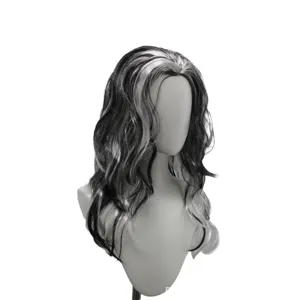 Perruque longue ondulée noire et blanche pour fêtes de cosplay et costumes de vampire.