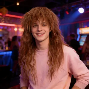 Close-up detail of the 80s rock curly wig worn by a model in a vibrant party scene.