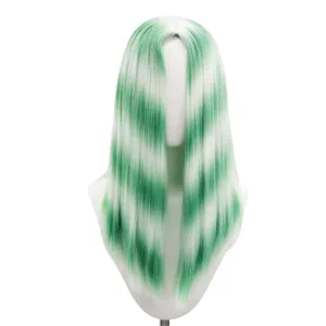 Green white long straight wig synthetic hair center part fashion colored costume hairpiece
