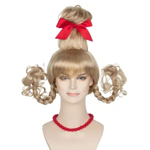 Blonde cosplay wig with high topknot, red bow and double braided loops for Christmas party.