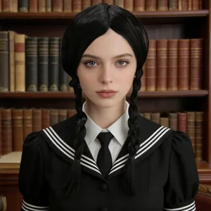 Natural black braided synthetic wig for women, long pigtail hairstyle cosplay hair accessory.