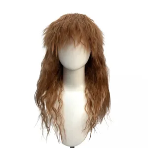 Detail shot of the 80s rock brown shaggy curly wig, showing fluffy texture and style.