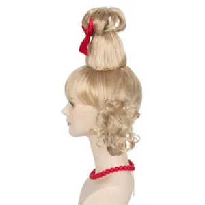 Blonde Christmas styling wig with red bow hair clip for festive holiday party wear