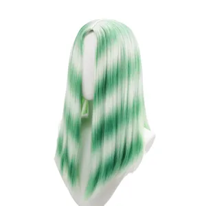 Detailed view of this green and white mixed long straight wig, synthetic fiber material.