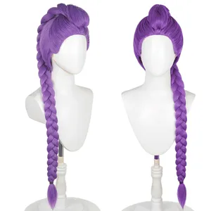Detailed view of the long purple braided cos wig on mannequin, showing smooth synthetic fiber.