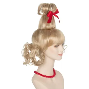Christmas blonde styling wig with high top knot bun, red bow and double braided hair.