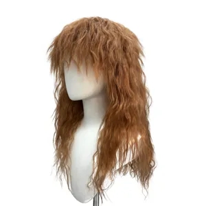 Detail view of the 80s fluffy brown curly wig, featuring voluminous layered rocker texture.