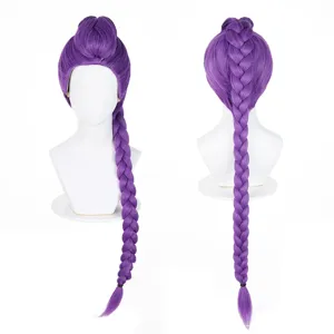 Long purple braided cosplay wig with top knot design, synthetic hair for anime party events.