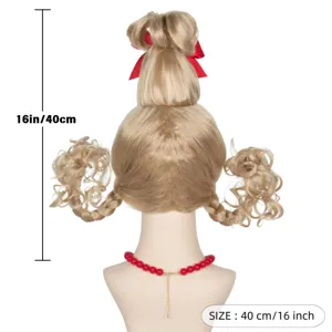 Blonde synthetic wig with high updo red bow and double braided pigtails for holiday party dress.