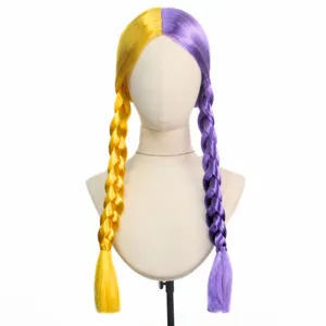 Two-tone split color long braided wig yellow and purple synthetic cosplay hair for women