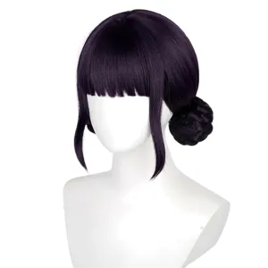 Dark purple anime cosplay wig with blunt bangs, side locks, and braided low buns for daily wear.