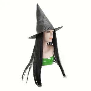 Αποκριάτικο μαύρο καπέλο μάγισσας Halloween με μακριά ίσια περούκα προβολή λεπτομέρειας