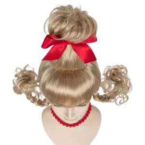 Detail shot of a blonde synthetic wig featuring a red bow, braids, and festive party styling.