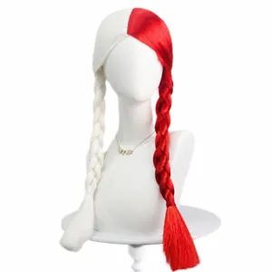 Red and white split braided wig detail showing dual color synthetic hair fibers closely.