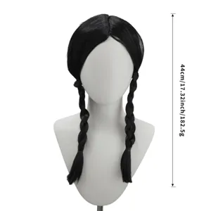 Black synthetic twin braided wig for women long pigtail hair extension daily party wear 44cm