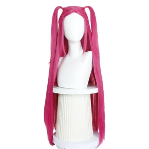 Pink long synthetic twintail cosplay wig with scalp top, perfect for anime events and dress up.