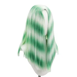 Detailed close-up view of the green and white gradient long straight synthetic fashion wig.