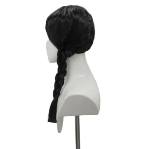 Black braided wig side detail showing neat long single pigtail on mannequin head.