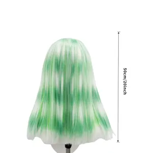 Green and white synthetic straight wig detail view, length 50cm 20inch for daily wear.