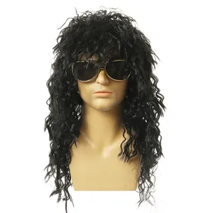 80s rock style black curly wig detail showcasing fluffy hair texture and retro sunglasses.