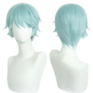 Light blue short cosplay wig high temperature fiber synthetic anime hair detail view