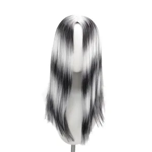 Black and white streaked long straight synthetic wig detail view showing hair texture.