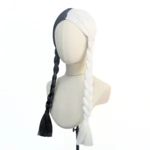 Black and White Split Braided Wig Center Part Long Twin Braids Cosplay Party Wig