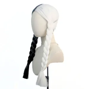 Black and white split wig with dual braids, mannequin main display showing unique cosplay style hair.