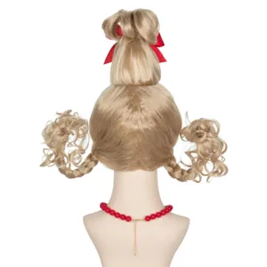 Christmas blonde wig with red bow, double braids updo, funny holiday costume hair piece