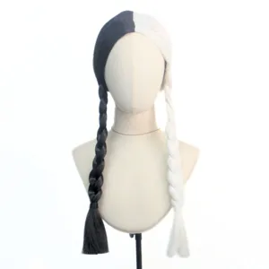Black and white split color wig with twin braided pigtails for cosplay and fashion parties.