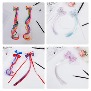 Kids Cute Bowknot Synthetic Wig Ponytail Hair Clip Colorful Gradient Ribbon Hair Accessories For Girls Daily Party Wear
