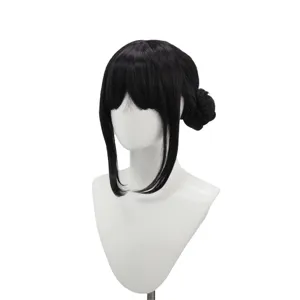 Black anime cosplay wig with cute side buns and long bangs for costume party events