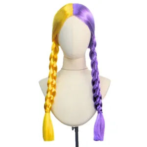 Two-tone split color braided cosplay wig yellow purple center part long pigtails hair piece