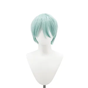 Short light green cosplay wig for anime character styling, premium heat resistant synthetic hair.