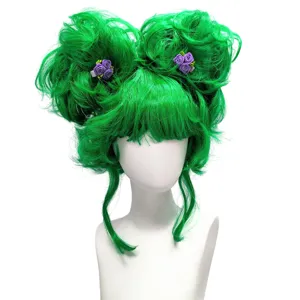 Green anime cosplay wig with double buns and purple rose hair clips for Halloween parties.