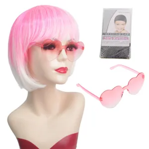 Perruque carré rose dégradé avec ensemble de lunettes de soleil en cœur pour fête mode