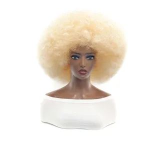 Short synthetic blonde afro wig, fluffy party costume wig for women, fun festival performance hair.