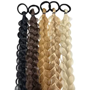 Synthetic braided hair extension ponytail with rubber band multi-color long hair piece.