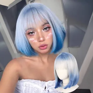 Fashion Short Straight Bob Wig With Bangs Gradient Color Synthetic Hair Natural Look Wig For Women Daily Party