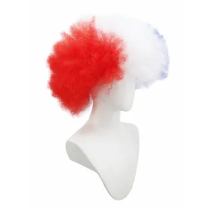 Detail view of the red, white and blue tri-color afro wig on a mannequin for party fun.