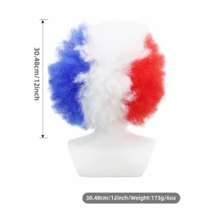 Tricolor afro wig in blue white red, perfect for football fans, World Cup and party costume events.