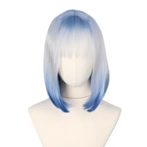 Short gradient blue bob wig with bangs, stylish straight synthetic hair for daily & lolita wear.
