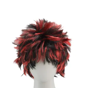 Close-up detail of the black and red synthetic fiber shamat party wig texture and layered design.