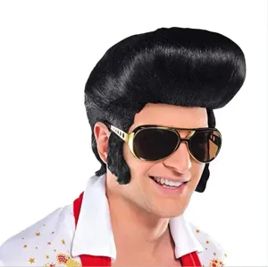 Elvis Presley style retro rock and roll curly wig with sunglasses for cosplay party events.