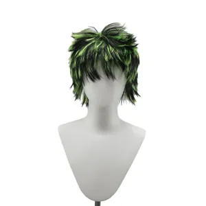 Black and green synthetic wig, short messy punk layered style for carnival and parties.