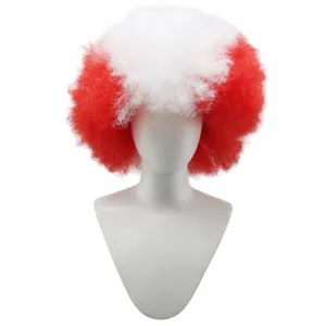 Red and white afro wig for sports fans and parties. Fluffy curly costume hair piece.