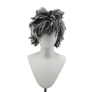 Close-up detail of the black and white spiky synthetic wig showing layered textured styling.