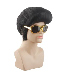 Retro 80s rock star black pompadour wig with gold sunglasses for costume cosplay party.